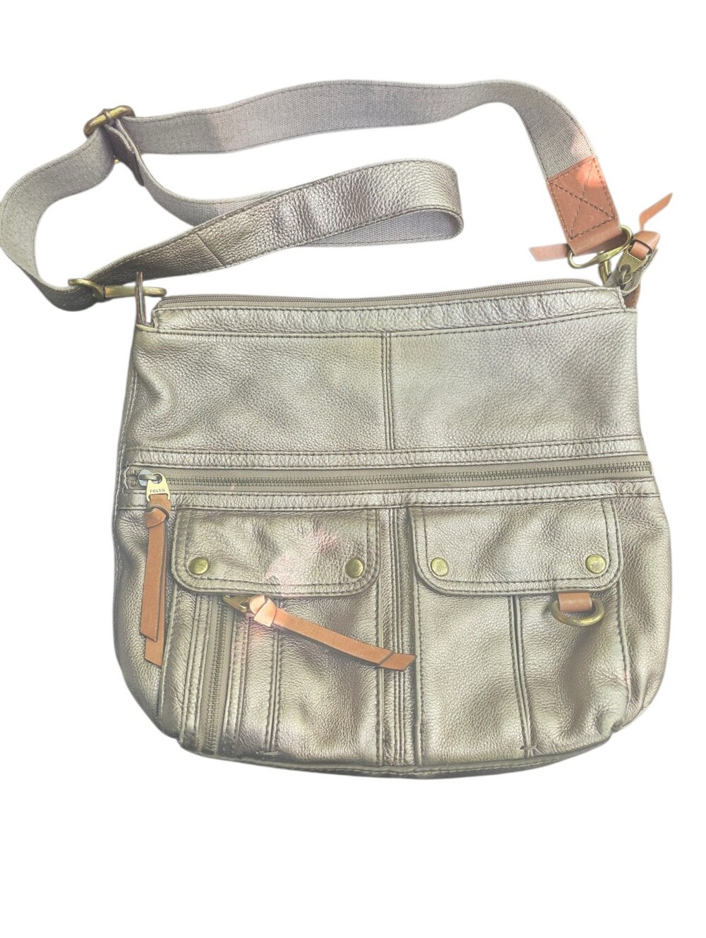 Fossil Large Metallic Pewter Leather Crossbody Messenger Bag Multi Pocket